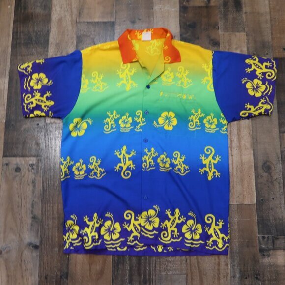 RIMA Mens Tree Frog Gecko Red Blue Green Yellow Hawaiian Button Up Shirt - Picture 2 of 4
